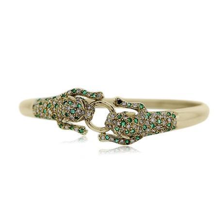 14kt Yellow Gold Pave Set Diamond and Emerald Panther Cuff Bracelet