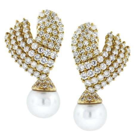 18kt Yellow Gold Diamond Cluster Earrings with South Sea Pearl Drops