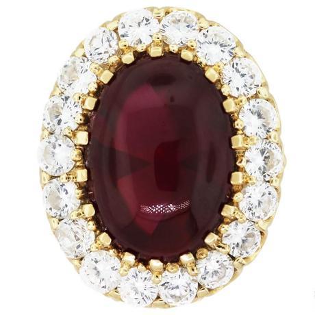 14k Yellow Gold Ring with Red Crystal Cabochon and Cubic Zirconia