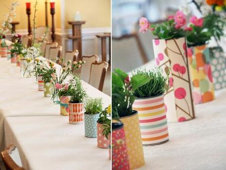 Table Plant Pots wrapped with used wrapping paper