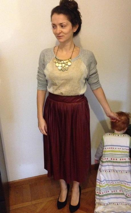 ReasonstoDress.com New Year's Outfit Style inspiration for Normal People. Dressing for New Year's Eve without buying anything.  Get a designer look for cheap.  Sweater and skirt with statement necklace and closed toe pumps