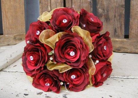 Red bridal bouquet with encrusted silver stones
