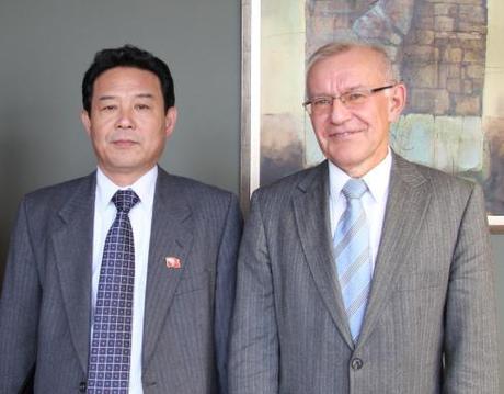 DPRK Ambassador to Sweden Pak Kwang Chol (L) with Lithuania's Vice Minister of Foreign Affairs Neris Germanas in Vilnius on 22 February 2013 (Photo: Lithuania Ministry of Foreign Affairs).