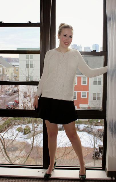Boston Winter Outfits White CableKnit Zara J Crew Fluted Skirt School Girl Look Plaid Shoes