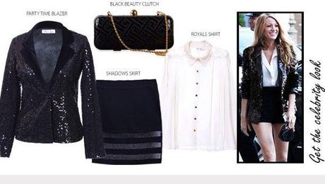Outfit Inspiration - Sheer White Shirt, Sequin Blazer, Black Clutch and Panel Skirt