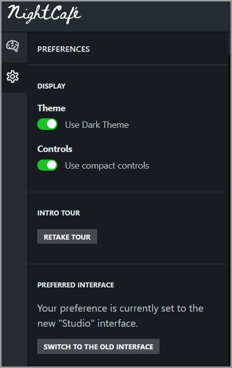 Nightcafe User Interface Settings
