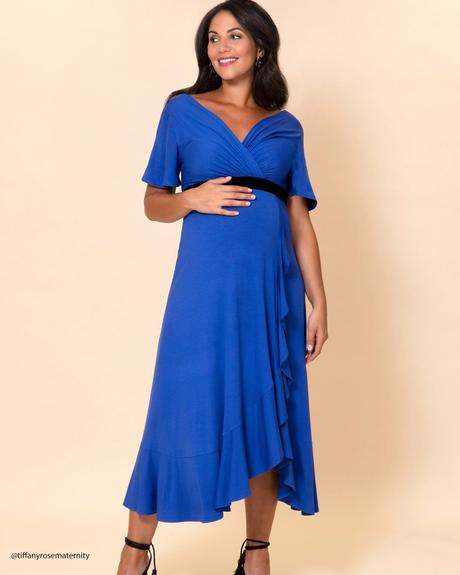 maternity wedding guest dress blue midi waterfall dress tiffanyrosematernity