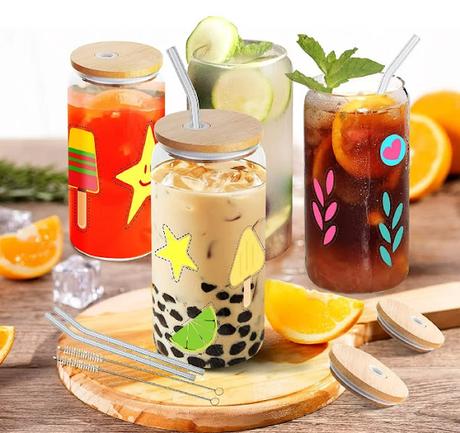 Can-shaped Glass Cups with Bamboo Lids