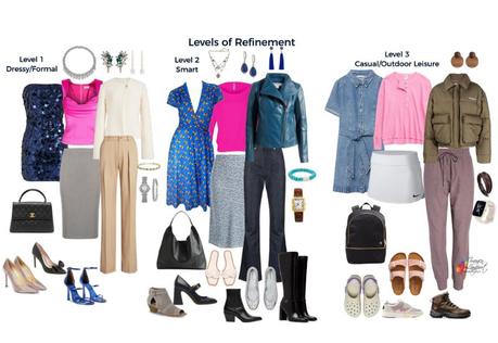 Levels of Refinement is a principle of coordination that helps you figure out how to make an outfit appear more formal or dressy or more casual and easy going