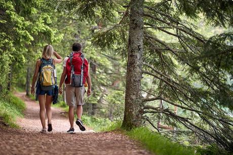 A man and a woman hike in a forest while wearing rucksacks.
