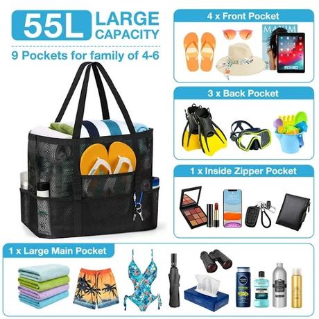 This beach tote is perfect for any adventure! Oversized Beach Tote Bag with 9 Pockets