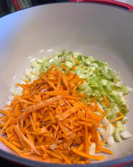 a mirepoix of onions, celery, and carrots