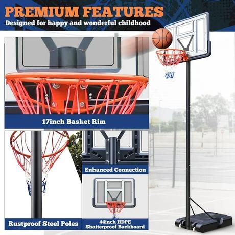 44-inch Portable Basketball Hoop System, 4.4-10 ft Height