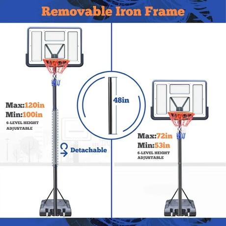 44-inch Portable Basketball Hoop System, 4.4-10 ft Height