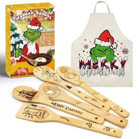 Bamboo Cooking Kitchen Utensils with Apron - 6 PCS