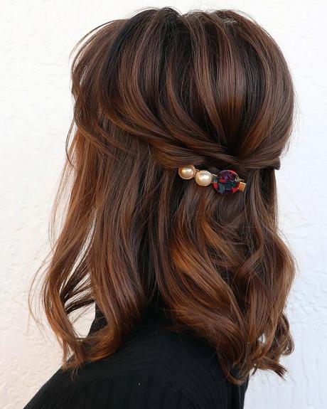 half up half down wedding hairstyles simple on brown long bob with pins vanessaospina