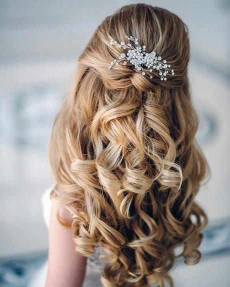 half up half down wedding hairstyles curly volume vith pin pearls elstile