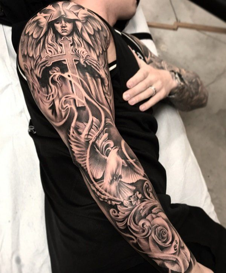 Full-sleeve high-detail angel sleeve tattoo