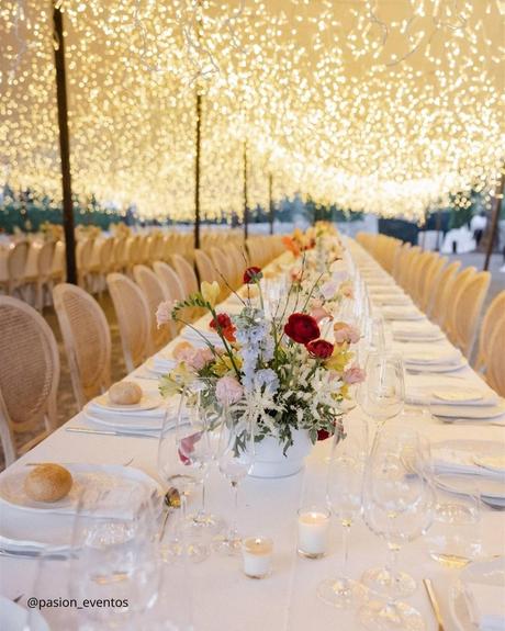 wedding receptions set table under lights