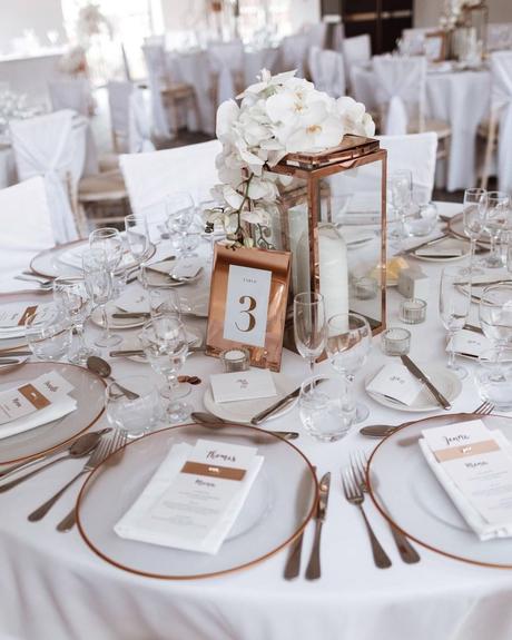 wedding receptions minimalistic decorations white and copper