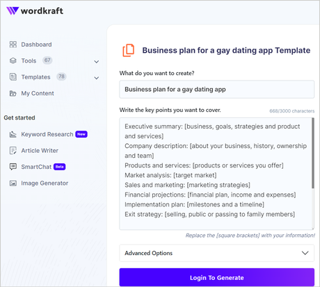 WordKraft AI business planner 