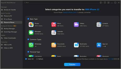 How to Transfer Everything from iPhone to iPhone Without iCloud Step 2 Select one category or multiple categories that you want to copy, and click Transfer