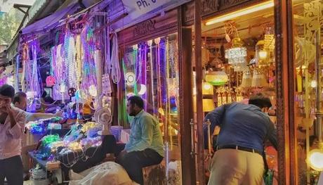 An electronic lights shop at Bhagiratha Palace, one of the largest electronic markets in India.