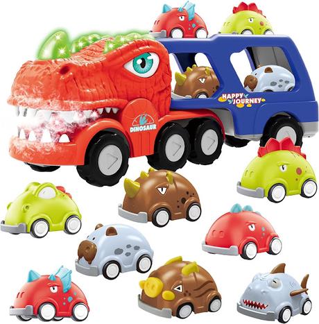 Growinlove Dinosaur Toy Truck Car Toys for Toddlers, 9 in 1 Carrier Trucks for 3 4 5 6 Years Old Boys and Girls, Friction Power Truck Transport Vehicles with Light and Sound