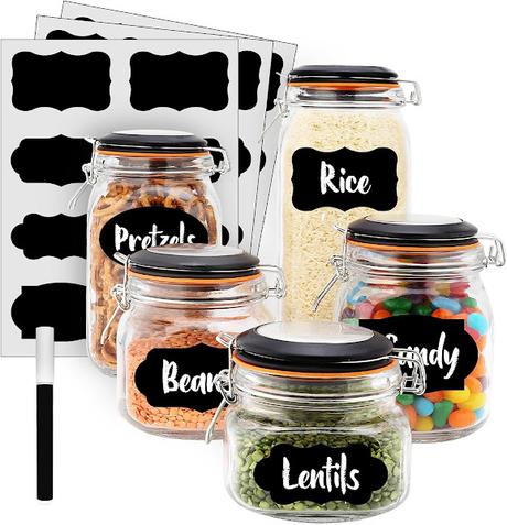 EatNeat Airtight Glass Kitchen Canisters with Premium Black Labels and a White Marker | Set of 5 Assorted Food Storage Containers with Bail and Trigger Clasp Lid | Pantry Organization