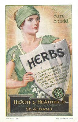 Vintage advertisment: a woman holds a shield marked 'Herbs', which the tagline says are 'a sure shield'.