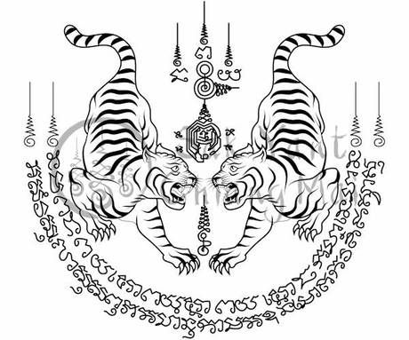 Thai tiger tattoo “Sak Yant” or twin tigers surrounded by Thai “Yantra” template