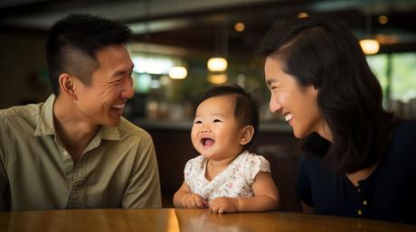 Happy parents enjoying a restaurant moment with their smiling baby, embracing the uniqueness of baby babble and diverse vocal expressions.