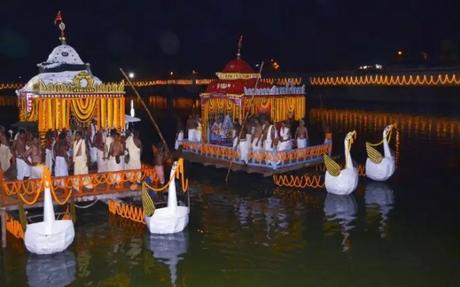 Decorated boats on a river during a festival in Tripura 