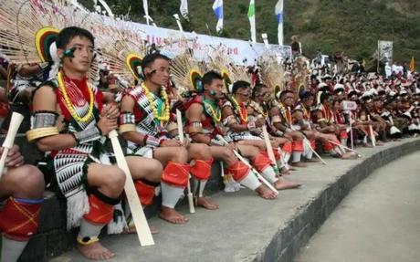 Men of Nagaland dressed in traditional tribal dresses for a festival 