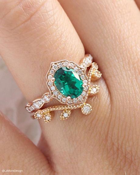 emerald engagement rings oval cut vintage ring rose gold LaMoreDesign