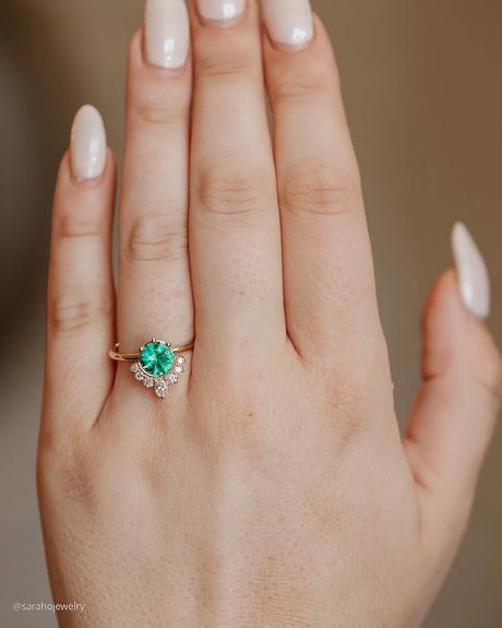 emerald engagement rings round cut gold diamond half halo sarahojewelry