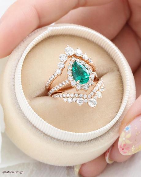 emerald engagement rings vintage rose gold set pear cut LaMoreDesign