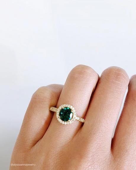 emerald engagement rings round cut halo gold pave band alyssaannajewelry