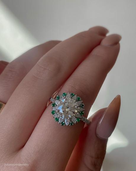 emerald engagement rings round cut diamond emerald halo alyssaannajewelry