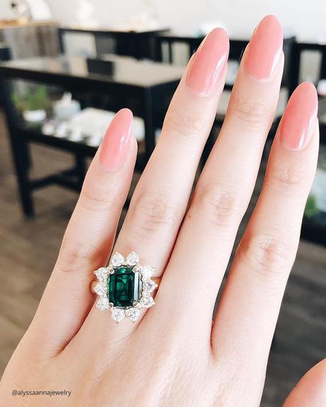 emerald engagement rings floral halo gold emerald cut alyssaannajewelry