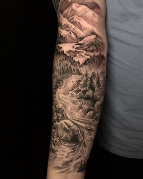 Shadowy Forearm Hill Tattoo Design 
