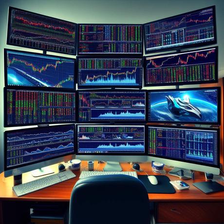 multi-monitor setup of a stock trader