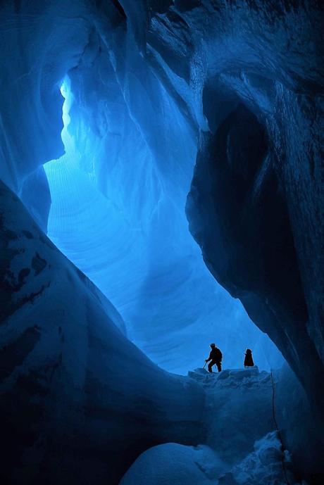 Daniela Barbieri and Alun Hubbard explore the twisted englacial conduits deep within a Greenland moulin.  Lars Ostenfeld / In the ice