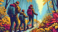 AI generated image of family hiking in the rain