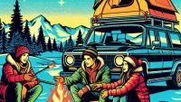 AI generated image of family camping in a rooftop tent during the winter