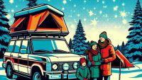 AI generated image of family camping in a rooftop tent during the winter