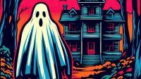 AI generated image of a ghost in front of a haunted house