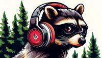 A racoon listening to podcasts in the woods