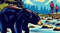 AI generated image of a black bear fishing in a stream with hikers in the distance