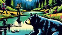 AI generated image of a black bear by a stream with hikers in the distance